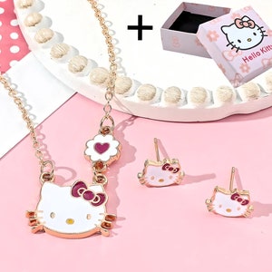 Kawaii Kitty Necklace & Earring Set With Gift Box - Etsy