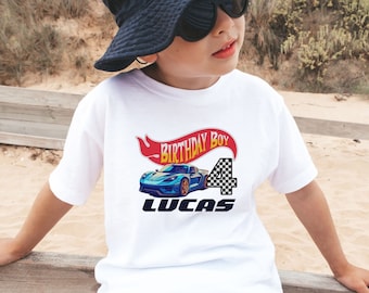 Race auto verjaardag shirt, Hot Cars themafeest, aangepaste verjaardag jongen shirt, bijpassende familie shirts, wielen partij, 4e 5e verjaardag shirt