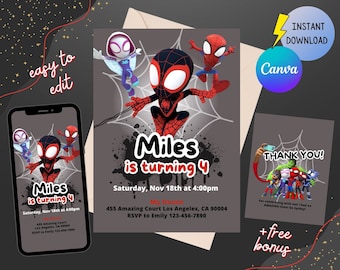 Faire-part d'anniversaire Spin, Spidey et ses amis incroyables, Spin miles morales, modèle de toile modifiable, imprimable