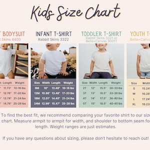 Pu&ograve; includere: Una tabella di taglie per abbigliamento per bambini, con una maglietta bianca su un modello per ogni categoria di taglia. La tabella include le misure di taglia, larghezza, lunghezza e peso in pollici e libbre. I marchi elencati sono Rabbit Skins e Bella+Canvas.
