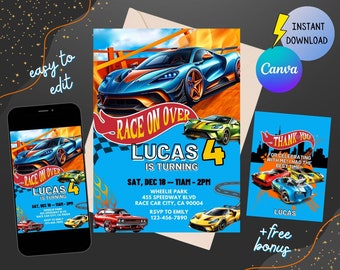 Hot cars invitation, wheels birthday invitation, racing car invite, downloadable cars invitation, editable canva template, printable