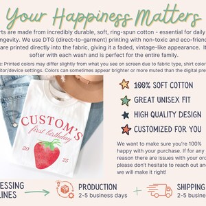 May include: White t-shirt with a red strawberry graphic and the text "CUSTOM'S first birthday". The shirt is made of soft cotton and has a vintage-like appearance. The image also includes text about the shirt's features.