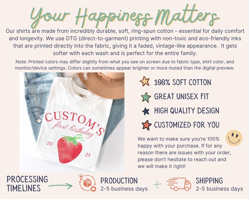 May include: White t-shirt with a red strawberry graphic and the text "CUSTOM'S first birthday". The shirt is made of soft cotton and has a vintage-like appearance. The image also includes text about the shirt's features.