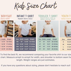May include: A kids' size chart with measurements for infant bodysuits, infant t-shirts, toddler t-shirts, and youth t-shirts. The chart includes size, width, length, and weight in inches and pounds. The text "Kids Size Chart" is at the top.