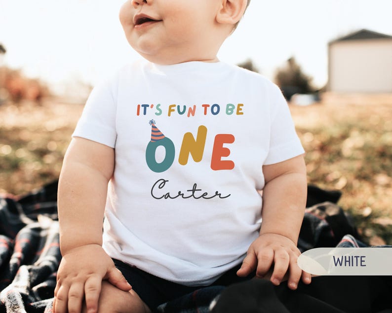 May include: White t-shirt with the text "IT'S FUN TO BE ONE" in colourful letters. The word "ONE" is in large, bold letters. Below the text is the name "Carter" in a cursive font. The shirt has a birthday party theme.