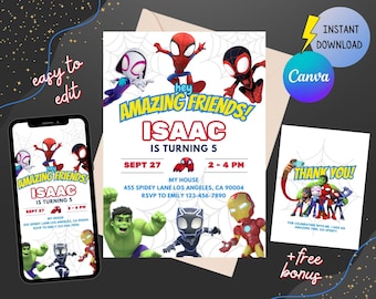 Spidey invite, spidey and his amazing friends birthday invitation, spideybirthday, editable canva template, printable