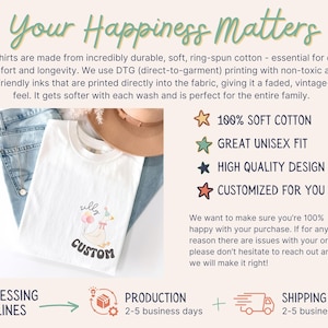 Pu&ograve; includere: Maglietta bianca con un'illustrazione di oca di cartone animato e il testo "silly custom". La maglietta &egrave; realizzata in 100% cotone morbido ed &egrave; disponibile in una vestibilit&agrave; unisex. L'immagine include anche informazioni sui tempi di elaborazione, produzione e spedizione.
