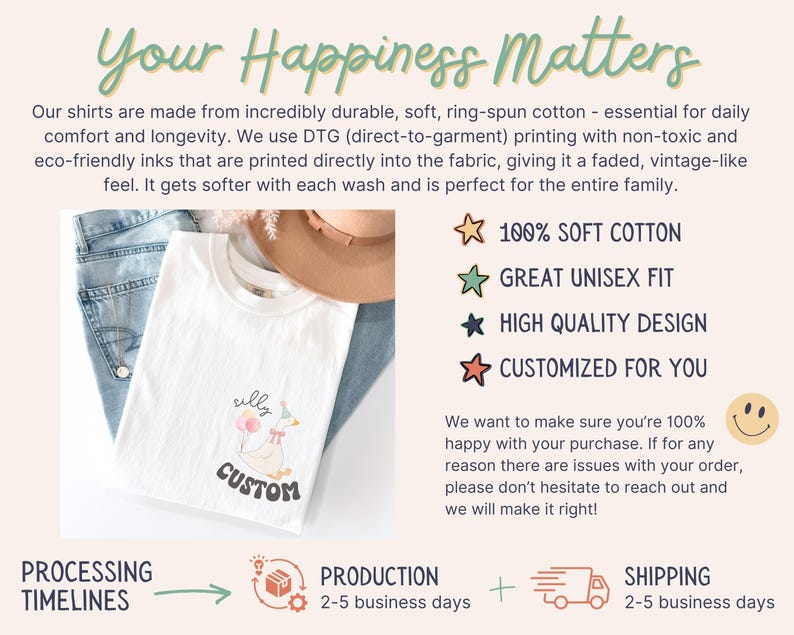 Pu&ograve; includere: Maglietta bianca con un'illustrazione di oca di cartone animato e il testo "silly custom". La maglietta &egrave; realizzata in 100% cotone morbido ed &egrave; disponibile in una vestibilit&agrave; unisex. L'immagine include anche informazioni sui tempi di elaborazione, produzione e spedizione.