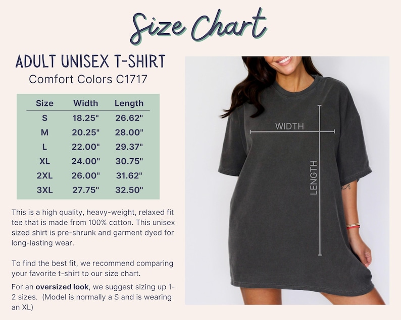 Pu&ograve; includere: Tabella delle taglie per una t-shirt unisex con misure in pollici. La tabella mostra la larghezza e la lunghezza della t-shirt nelle taglie S, M, L, XL, 2XL e 3XL. Il testo dice "Adult Unisex T-Shirt Comfort Colors C1717".