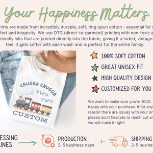 May include: White t-shirt with a colorful train graphic and the text "Chugga Chugga Two Two Custom." The shirt is displayed with blue jeans and a brown hat. The image also includes text about the shirt's features.