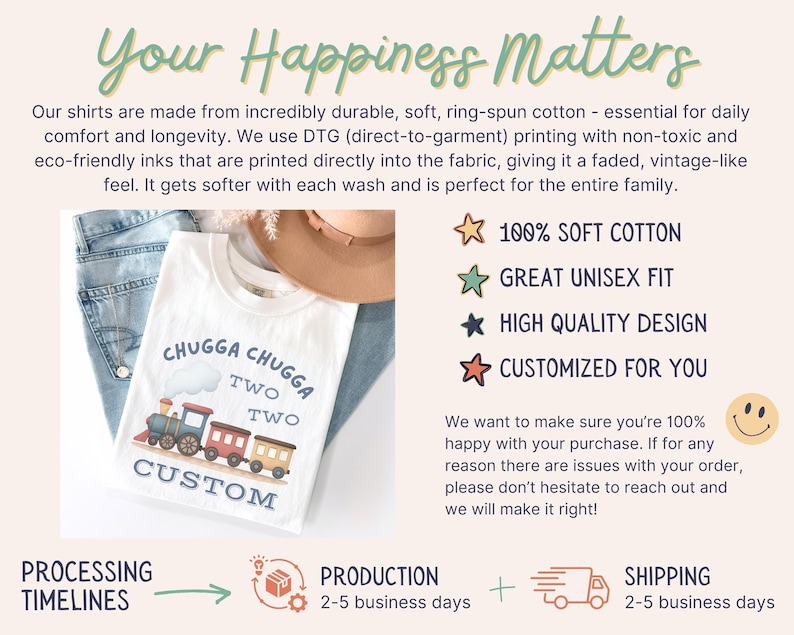 May include: White t-shirt with a colorful train graphic and the text "Chugga Chugga Two Two Custom." The shirt is displayed with blue jeans and a brown hat. The image also includes text about the shirt's features.