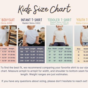 May include: A kids' size chart with measurements for infant bodysuits, infant t-shirts, toddler t-shirts, and youth t-shirts. The chart includes size, width, length in inches, and weight in pounds for each garment. The text encourages comparing measurements.