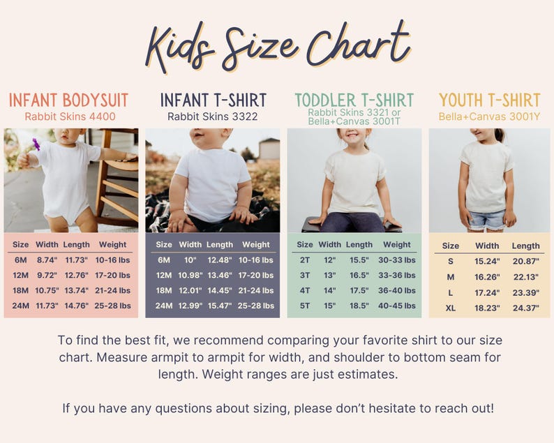 May include: A kids' size chart with measurements for infant bodysuits, infant t-shirts, toddler t-shirts, and youth t-shirts. The chart includes size, width, length in inches, and weight in pounds for each garment. The text encourages comparing measurements.