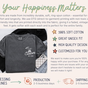 May include: A charcoal grey t-shirt with a white graphic design that says "Best Custom by Par". The shirt is made of 100% soft cotton and is available in a unisex fit. The image also includes information about the production and shipping timelines.