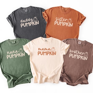Pode incluir: Cinco camisetas de manga curta em várias cores: carvão, laranja, verde, creme e marrom. Cada camisa tem um texto diferente: "daddy PUMPKIN", "sister PUMPKIN", "nana PUMPKIN", "mama PUMPKIN" e "brother PUMPKIN". Um gráfico de abóbora está ao lado de cada palavra.