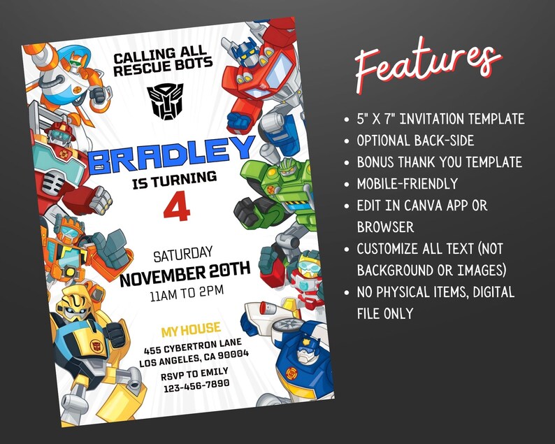 Rescue Bots Transformer Birthday Invitation, Rescue Bots Birthday Party ...