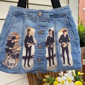 Beatles-Jeanstasche, Beatles-Fotos aus der legendären Ed Sullivan Show. Hergestellt aus gebrauchten Jeans und alten Quilt Stücken. Einzelstück. Einzigartig.