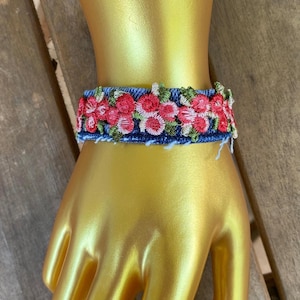 Denim cuff bracelet, blue jeans fabric bracelet, hippie shabby chic boho denim, red lace flowers. Perfect gift for her, teens, women 3/4 x 8