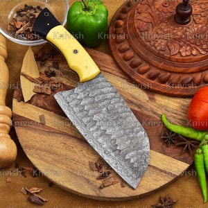 Serbian Cleaver Blade Forged Damascus Steel Blade Unique Yellow G10 Handle One of a kind BBQ Cleaver  Thanksgiving Gifts Christmas Gifts