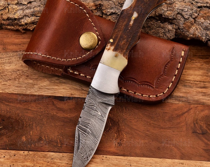Stag Antler Handmade Damascus Steel Pocket Folding Knife Birthday Anniversary Corporate Wedding Christmas Gifts