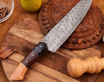 Couteau de chef 20 cm en acier damassé, couteau de cuisine artisanal, couteau de barbecue, cadeau pour mari, cadeau d'anniversaire d'entreprise ou de Thanksgiving