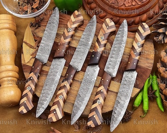 Damascus Steel Steak Knives Set 6 Pcs Unique Handle BBQ Knives Best Gift Ideas Birthday Anniversary Husband Boyfriend Thanksgiving Gifts