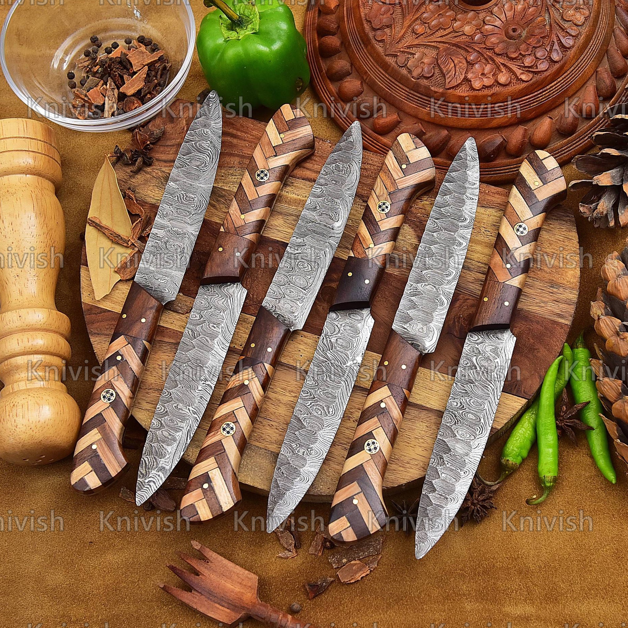 Damascus Cutlery】6 Piece 5 Damascus Steel Steak Knives Non