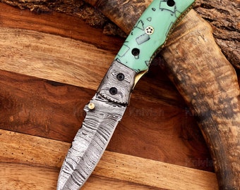 Pocket Folding Knife Damascus Steel Blade Handmade Knife Camping Knife Gift For Hubby Unisex  Anniversary gifts, Father's Day
