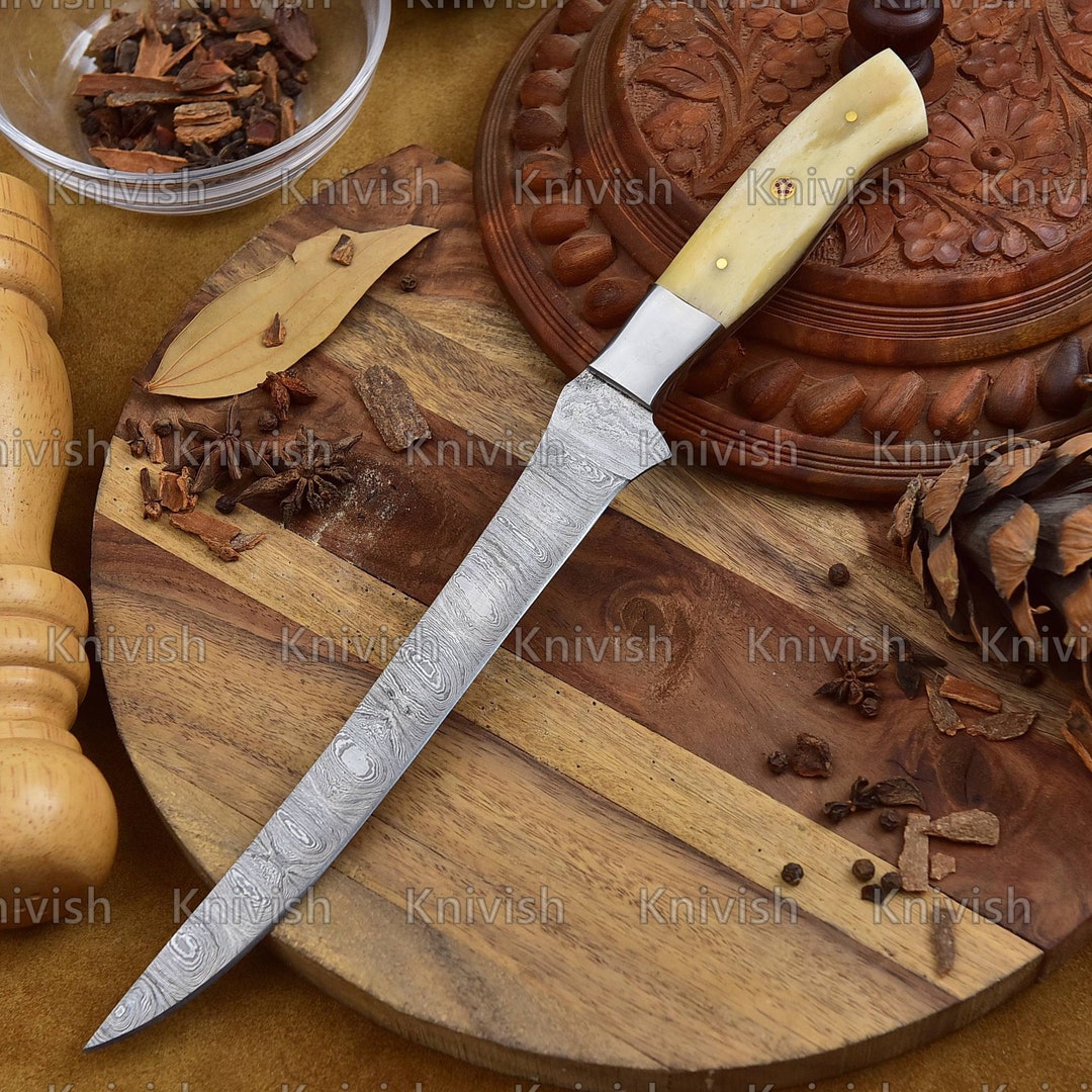 Camel Filet Damascus Steel Fillet Knife Camel Bone Handle Damascus Steel Blade ...