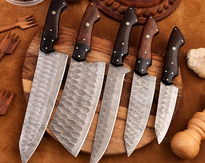 Damascus Steel Kitchen Knives Set 5 Pcs Wooden Handle Chef Knives Sharp edge Blades Birthday Wife Husband Boyfriend Thanksgiving Gifts