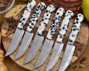 Steak Knives Set 6 Pcs Damascus Steel Knives BBQ Steak Knives Birthday Groomsman Unisex Engraved    Anniversary gifts, Thanksgiving Gifts