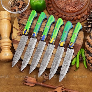 Steak Knives Set 6 Pcs With Leather Bag Damascus Steel Blades Unique Handles Anniversary Gifts, Birthday Gifts Unisex Gifts Labor Day Gifts