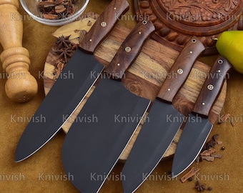 Juego de cuchillos de chef de 4 piezas, juego de cuchillos de cocina de espiga completa, hechos a mano, regalo de cumpleaños, regalo para barbacoa, regalo de aniversario, regalo de Acción de Gracias.