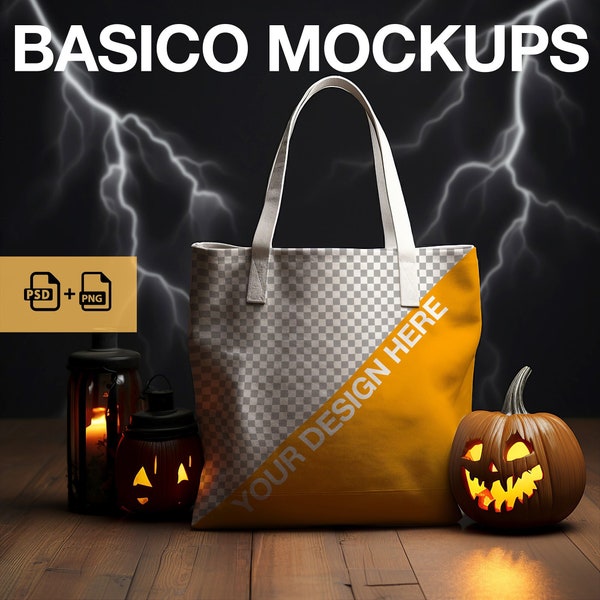 Halloween / Rayo llamativo / Maqueta ToteBag / ToteBag de lino blanco / Bolsa de compras / Maqueta PSD / Capas inteligentes