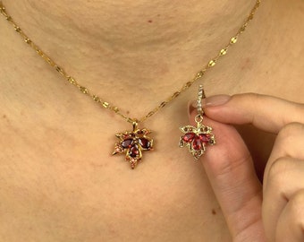 Ensemble collier et boucles d'oreilles feuille d'érable rouge | Collier et boucles d'oreilles en or et cristal de zirconium | Feuille bohème | Ensemble d'automne | Cadeau pour elle