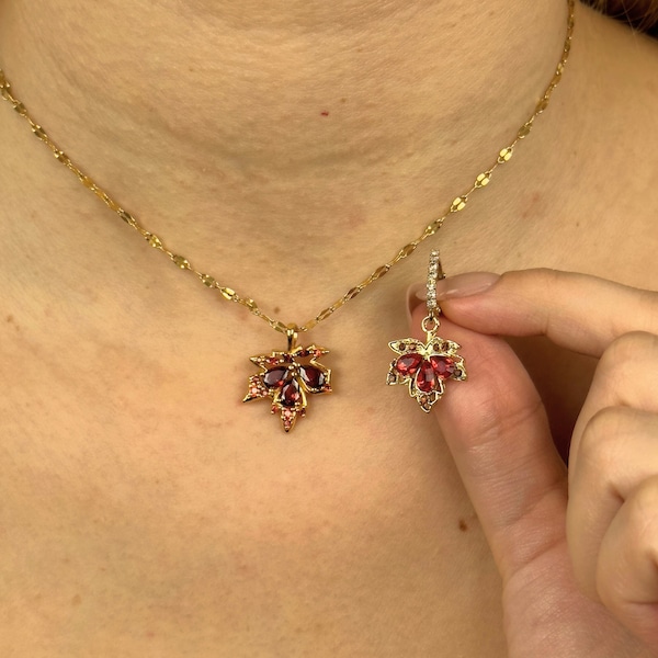 Dainty Red Maple Leaf Necklace & Earrings Set | Zircon Crystal Maple Leaf Gold Necklace and Earrings | Boho Leaf | Autumn Set | Gift for Her