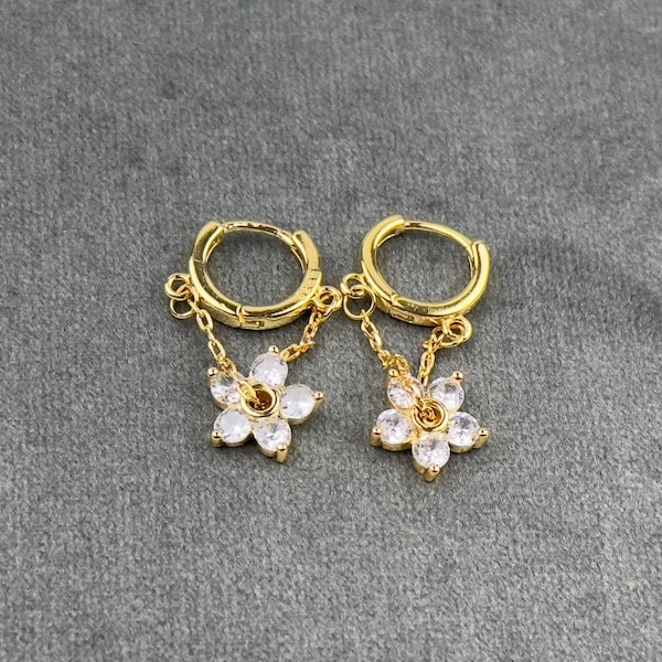 Dainty Flower Shaped Charm Earrings | Small Korean Zircon Earrings | Gold Floral Hoop Drop Earrings | Flower Dangle Earrings | Gift For Her