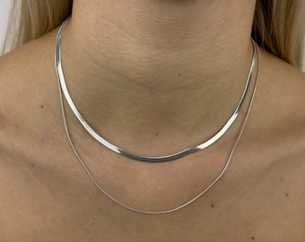 Dubbele zilveren visgraat Slinky gelaagdheid ketting | Gelaagde slangenketting choker | Slangenketting | Visgraatketting | Zilveren choker