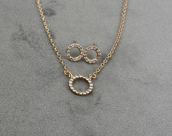 Open cirkel diamanten halsketting en oorbellenset | Halo ketting en oorbellen sieraden cadeau | Diamanten Karma ketting en oorbellen | Cadeau voor vrouw