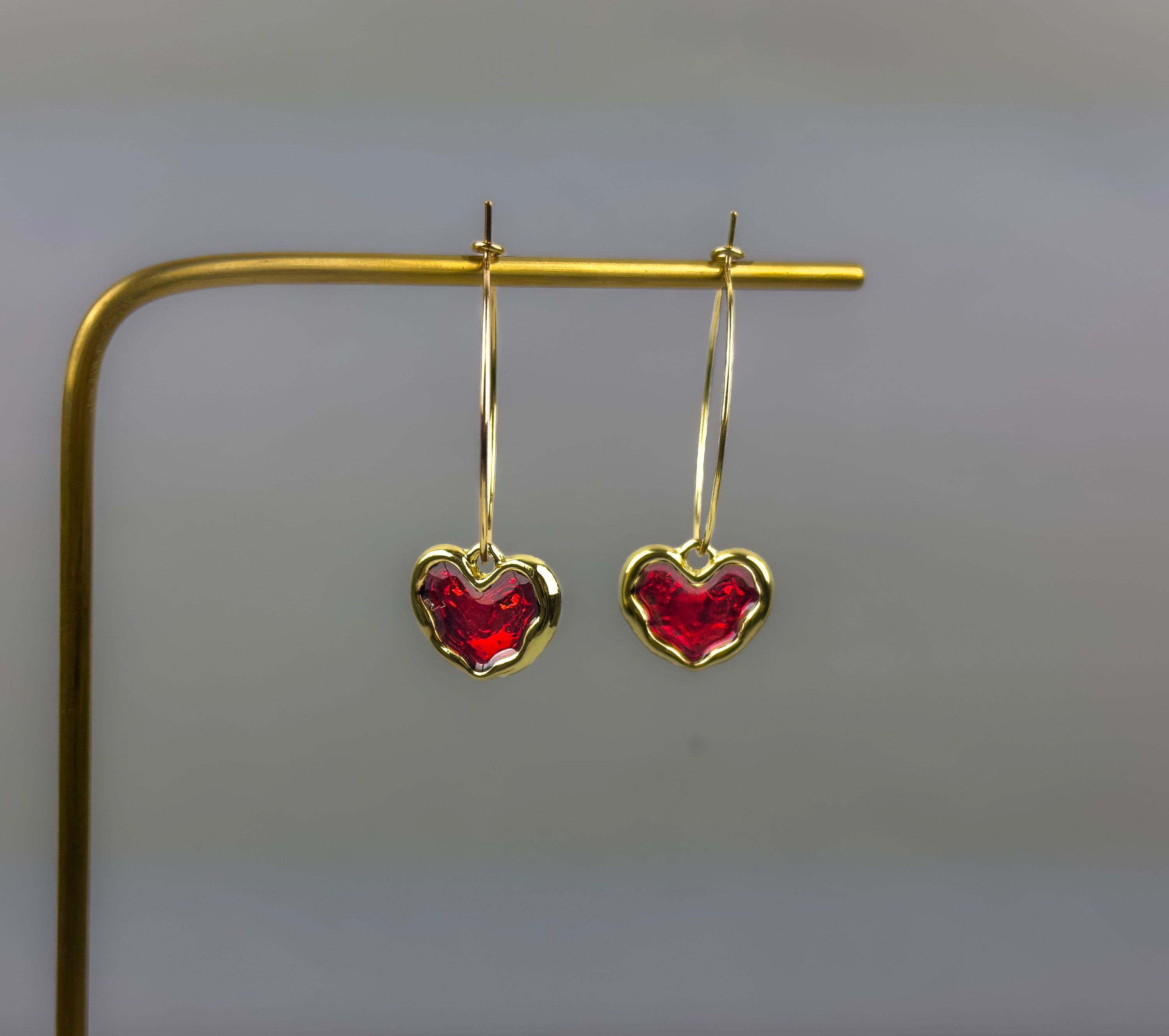 Red Heart Earrings. Valentines Earrings. Love Earrings. Gold Hoops