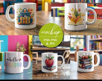 School Time Mug Mockup Bundle, School Aesthetic Mug Mock-Ups, Mockups for Designers, Colorful School Coffee Cup Mockup, Realistic Mug Mockup
