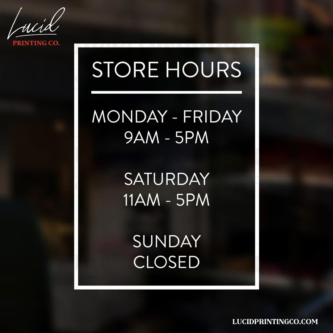 Framed Vertical Storefront Hours Custom Vinyl Decal, Business Hours ...
