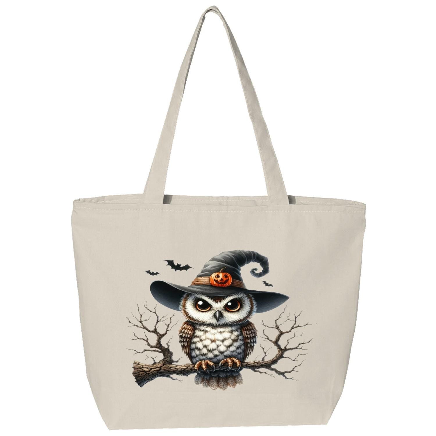 Halloween Transfer, tote bag with owl graphic in hat, Gift for Women