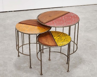 Set of 3 "Hassan" side tables made from recycled metal and wood (upcycled)
