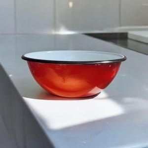 Könnte beinhalten: Eine leuchtend rote Emaille-Rührschüssel mit weißem Innenraum und schwarzem Rand. Die Schüssel steht auf einer weißen Oberfläche und zeigt ihre glänzende Oberfläche. Dieser Küchenartikel eignet sich für die Zubereitung und das Servieren von Speisen.