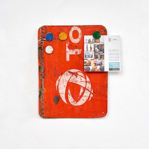Magnetic board made from recycled oil drums with 5 colorful magnets Red branded