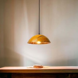 May include: A yellow and brown pendant light with a curved, dome-shaped shade hangs from a black cord against a white wall.