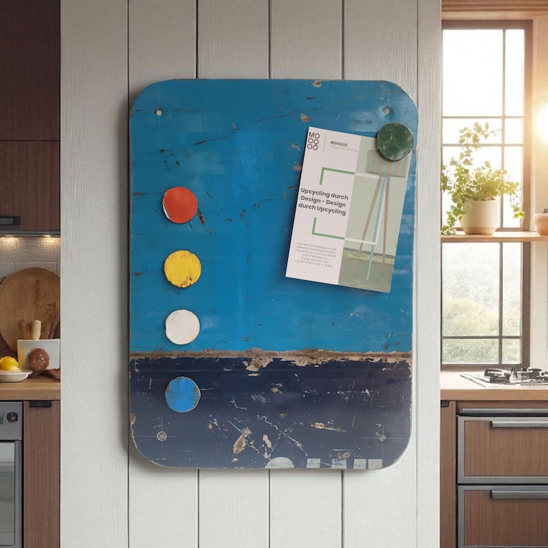 Magnetic board made from recycled oil drums with 5 colorful magnets Two shades of blue