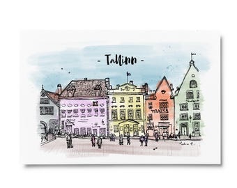Tallinnvykort – Studio Linescape | Tallinns rådhustorg | Originalakvareller och konsttryckvariationer | Resesouvenir