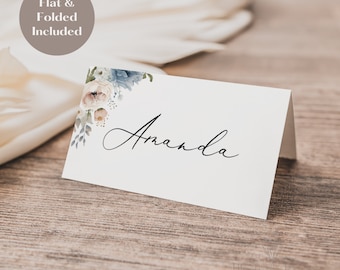 Wedding Place Card Template, Floral Place Card Template with Meal Choice, DIY Table Name Cards, Placecard, Flat and Folded, Instant Download